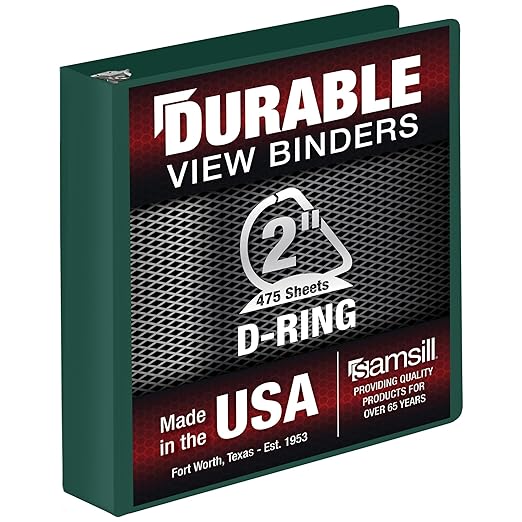 Samsill Durable 2 Inch Binder, D Ring Binder, Customizable Clear View Cover, Forest Green, Holds 475 Pages