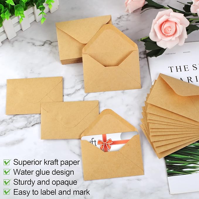 150 Pack Gift Card Envelopes, 4" x 2.75" Mini Envelopes, Brown Kraft Business Card Envelopes, Small Envelopes for Holidays, Weddings, Baby Showers, Birthdays Banquets
