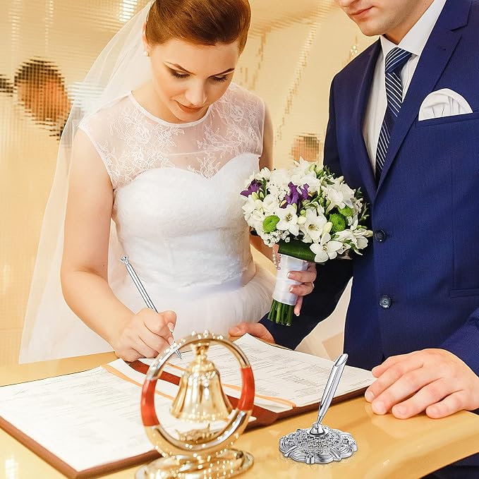 Outus 2 Pcs Silver Wedding Pens for Guest Book Signing Diamond Design | Hollow Round Holder Stand, Desk Ballpoint Pens, For Bridal Showers Wedding Bachelorette Party Engagement Reception Business