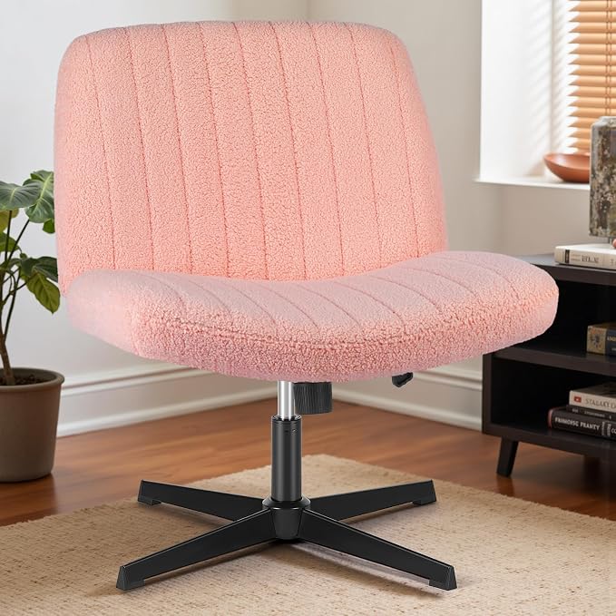 OLIXIS Criss Cross Chair, Vanity Chair, Home Office Desk | Cute Furry Teddy Fleece, Height Adjustable, Armless Wide Seating for Bedroom Student Study Room,Teddy Pink No Wheel