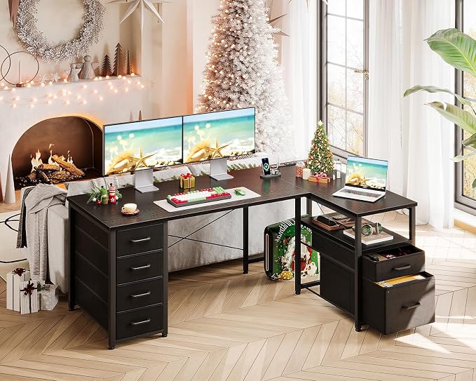Coleshome 55 Inch L Shaped Office Desk with 6 Drawers, Power Outlet, Black | 5 Fabric Drawers, File Drawer, USB and Type-C Ports, Open Storage Shelf, Reversible Layout for Home Office