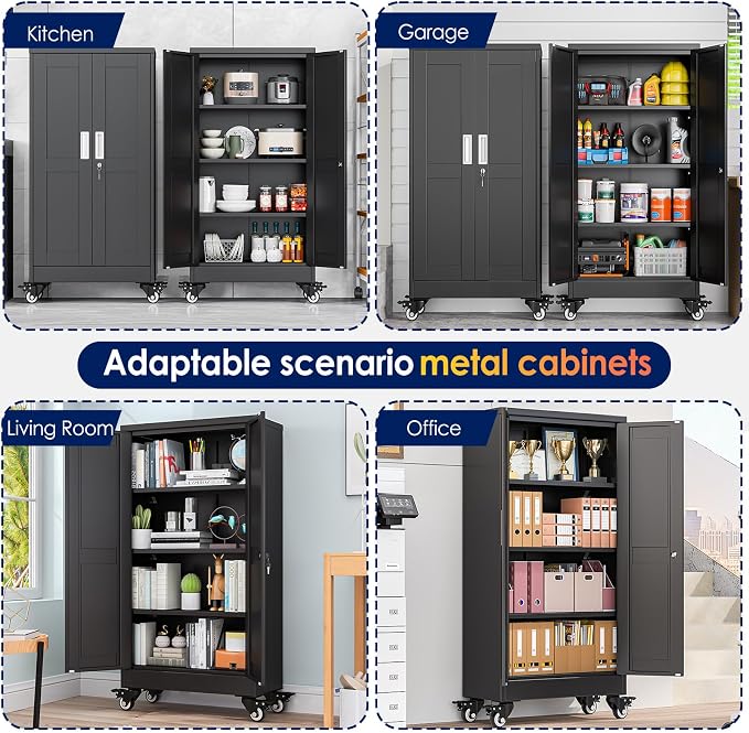 erosoei 45.6"H Metal Garage Storage Cabinet, Rolling Tool Cabinet with 2 Doors and Wheels, Locker Steel Cabinet with 3 Adjustable Shelves, Organization Cabinet for Garage,Office,Home,Gym,School（Black）
