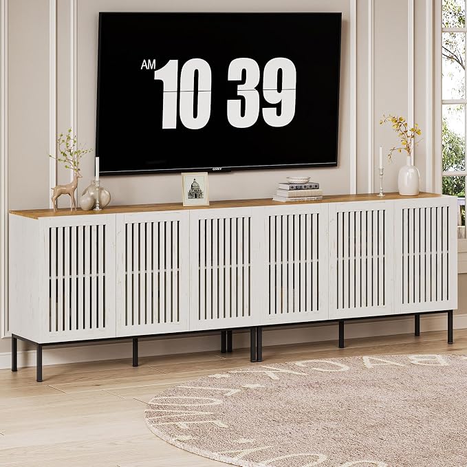 BVIUNTWO 95" Farmhouse Buffet Cabinet with Grille Doors, Adjustable Shelves & 6 Doors, Storage Sideboard with Metal Base for Kitchen, Dining & Living Room, Antique White