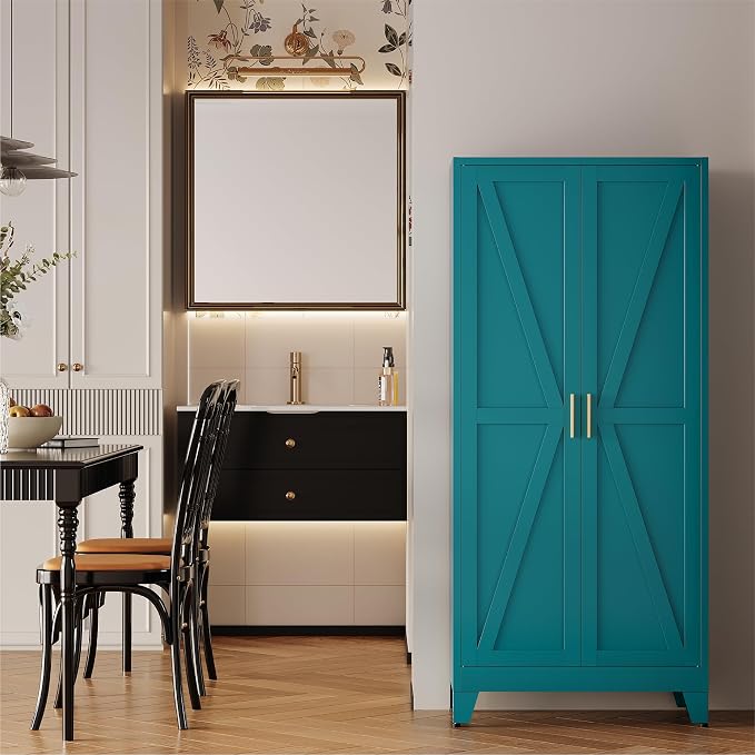 QINPTWUT 61" Metal Storage Cabinet, 4-Tier Kitchen Pantry with 3 Adjustable Shelves, Farmhouse Design Freestanding Cupboard for Kitchen, Bathroom, Laundry, Garage, Blue