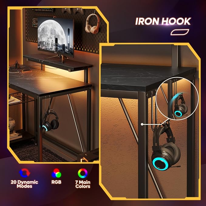 Bestier 42-Inch L-Shaped Gaming Desk with Charging & LED, Marble Black | Charging 2AC+USB+Type-C, RGB LED 7 Colors/20 Modes, Reversible Shelves, 3D Carbon Fiber, Headphone Hook, Small Space