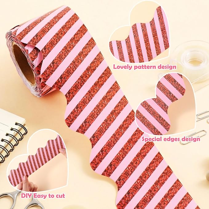 32.8 Ft Red Glitter Bulletin Board Borders, Pink Striped Scalloped | Scalloped Trim for Bulletin Board, Spanish Fiesta Classroom, Valentine Party Decor, Pink Red Glitter Striped Pattern