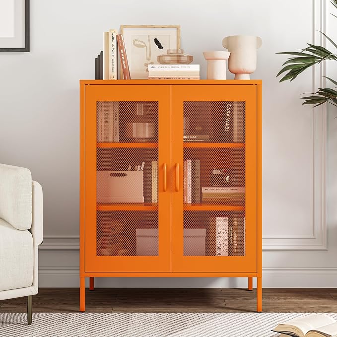 Chshin Metal Locker Storage Cabinet with 2 Mesh Doors and Adjustable Shelves,Orange Metal Locker Cabinets,Coffee Bar Cabinet,Kitchen Pantry Storage Cabinets for Home,Sideboard,Office(40" H)