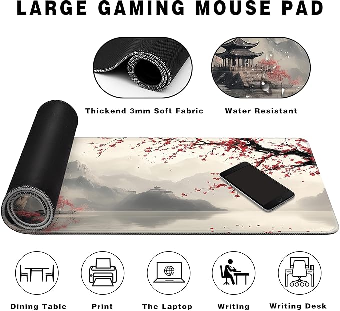 Long Gaming Mouse Pad Extended Anime Large Desk Pad with Non-Slip Base Full Keyboard Mat with Stitched Edges for Gaming and Office 31.5 x 11.8 inches (Lake Cherry Blossom)