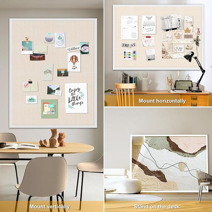 Large Bulletin Board 48x36 inch with Linen Cork Boards Wall Decor Hanging Pin Wood Framed Display Bulletin Cork Photo Picture Board Light for Room School Office 30-Pushpin White