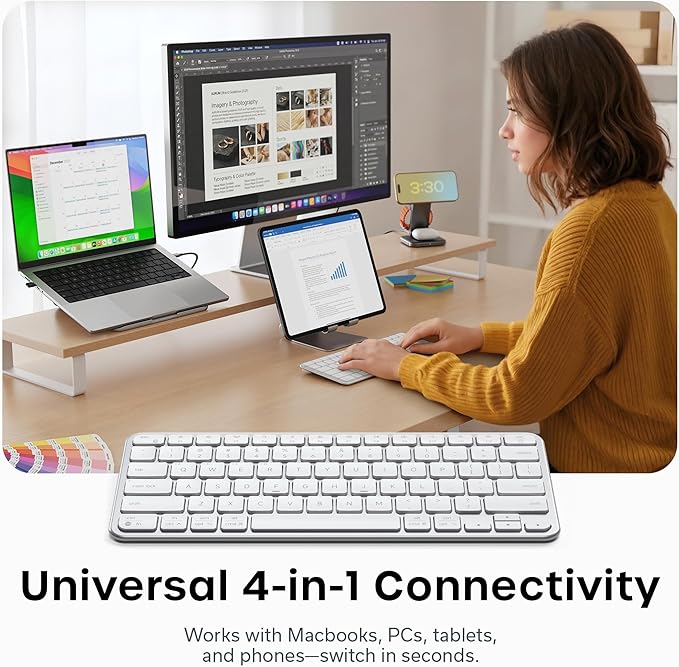 Satechi Slim EX1 Wireless Keyboard, Compact Keyboard for Mac, Windows, Android, Multi-Device 4-in-1 Connectivity (3X Bluetooth + 2.4GHz), Instant OS Remap, USB-C Rechargeable Battery, Silver