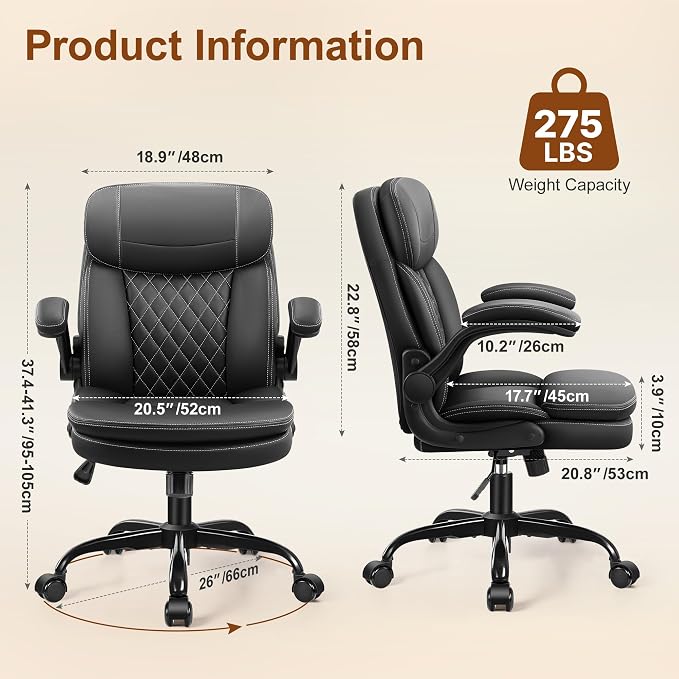 Leather Office Chair, Ergonomic Small Desk Chairs with Wheels, Jet Black | Unique Double-Layer Seat Cushion and Neckrest, Adjustable Flip Up Armrests, Tilt, Use for Short People at Home, Meeting Room