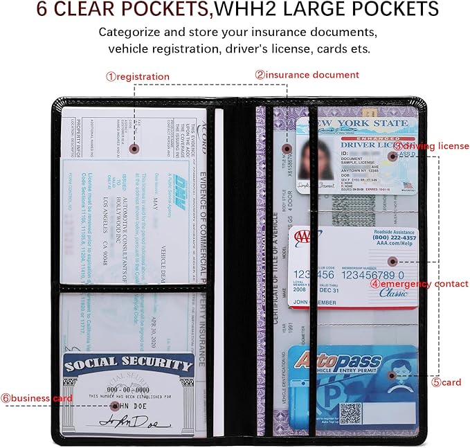 Car Registration and Insurance Card Holder for Women Men, Black Glove Box Paperwork Organizer with Magnetic Buckle for Easy Access and Protect Documents and Various Cards in Vehicle