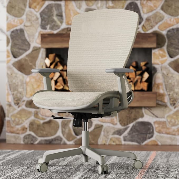 Mesh Office Chair,Ergonomic Computer Desk Chair,Sturdy Task Chair- Adjustable Lumbar Support & Armrests,Tilt Function,Comfort Wide Seat,Swivel Home Office Chair (Beige)
