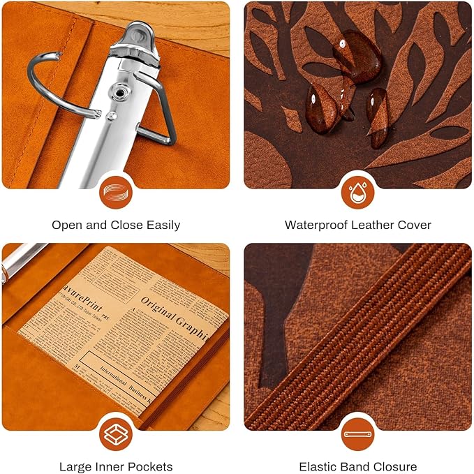 Leather D Ring Binder Fits 8.5"x11" Letter Size Paper, 1.5 Inch D-Ring Binders Holds 400 Sheets, Notepad Paper Cover Loose Leaf Organizer with Inner Pockets, Brown Tree