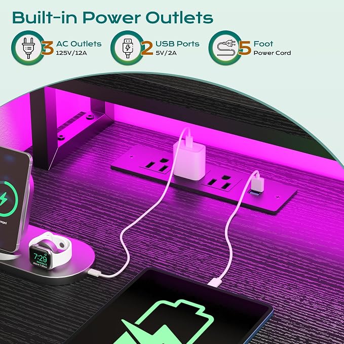 EnHomee 56.5" Office Desk with Drawers & Printer Space for Home Work,Black | Computer Desk with 3 AC Outlets& 2 USB Ports,Waterproof LED Strip Lights,Monitor Stand & Side Pockets,Home Office,Bedroom