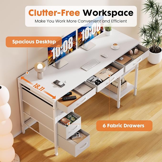 Sweetcrispy 55" Computer Desk with 6 Fabric Drawers & Storage Shelves | Reversible Gaming Desk, Office Desk, Computer Workstation, Corner Desk with Storage, Home Office, Living Room, White