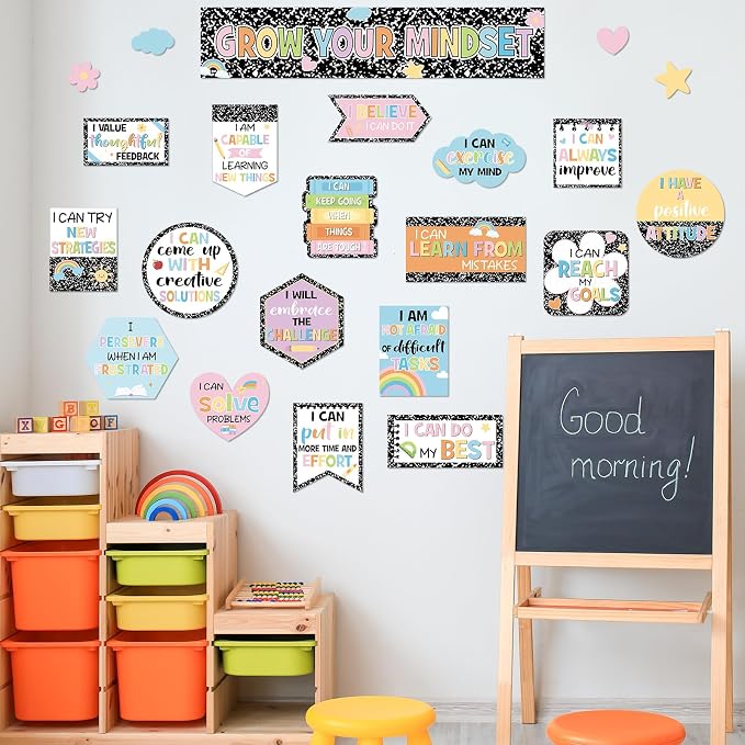 24Pcs Composition Classroom Bulletin Board Decor Girl Style Grow Your Mindset Positive Sayings Accent Cutouts Inspirational Bulletin Board Sets for School Students Teacher Office Home Wall Supply