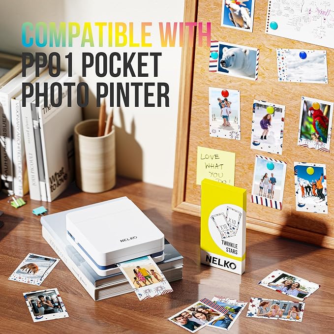 Nelko 52.3x90mm (2.06"x3.54") Premium Photo Paper, 20-Pack Genuine PP01 Pocket Printer Paper, Sticky Back Picture Paper, Compatible with Nelko PP01 Photo Printer, Easy to Peel Off, Twinkle Star