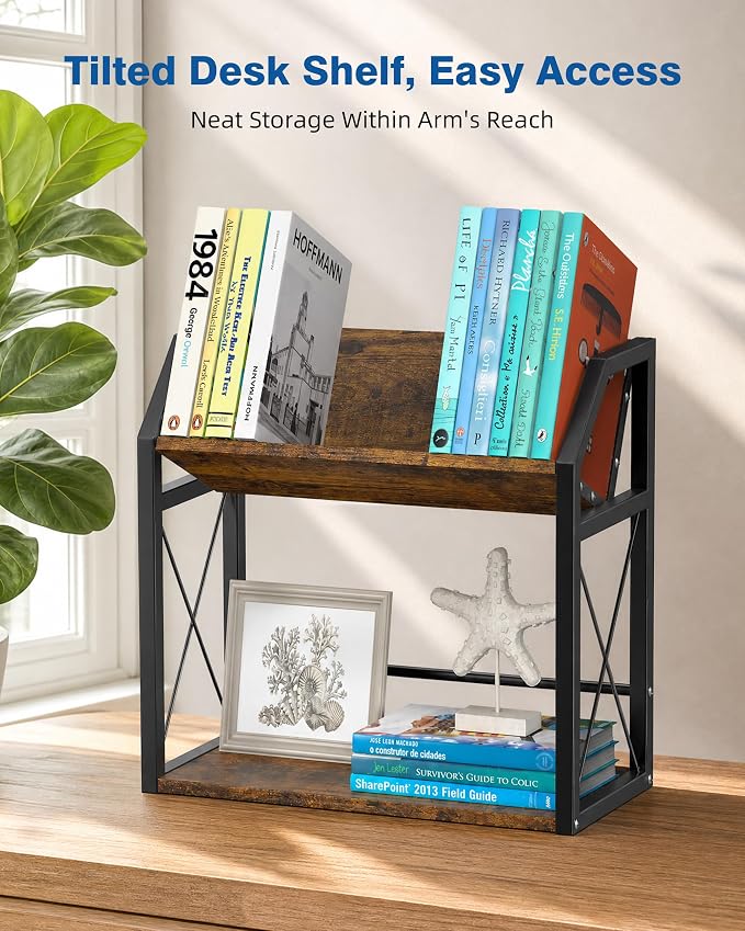 Desktop Bookshelf, Wooden Desk Shelf Organizer, Brown | 2-Tier Desk Top Storage Rack for Office, Dorm, Bedroom Decor, Small Tabletop Shelf for Books, Plants & Accessories