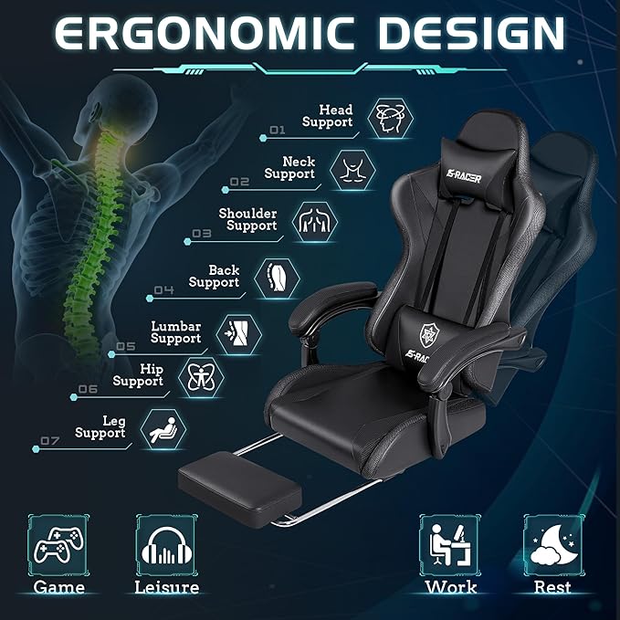 Homall Gaming Chair with Massage & Footrest, Ergonomic Computer Office Chair, High-Back Racing Style Reclining Chair with Adjustable Lumbar Support, PU Leather for Adults (Black)