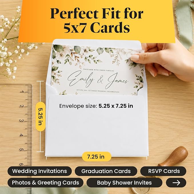 5x7 Envelopes for Invitations - 110 White Envelopes for 5x7 Cards - A7 - (5 ¼ x 7 ¼ inches) - Perfect for Weddings, Graduation, Baby Shower - 120 GSM - Peel, Press & Self Seal - Square Flap