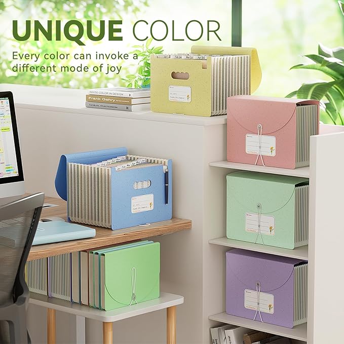Accordion File Organizer, 12-Pocket Wheat Straw Expanding File Folder, Portable Monthly Bill & Tax Receipt Organizer, Letter/A4 Size Document Holder with Colorful Tabs-Mint Green