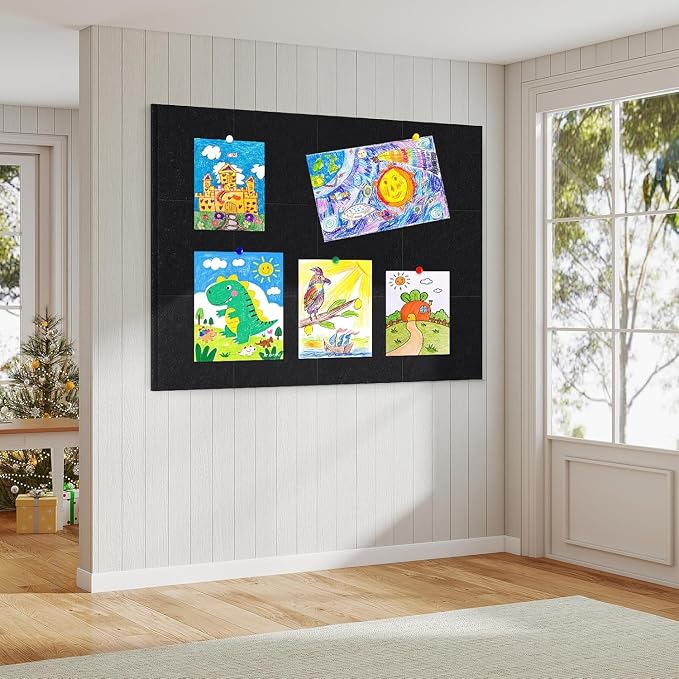 Large Cork Board for Walls 48"x36" |Cork Board Alternative| 12 Pack Felt Wall Tiles| Black Bulletin Board with Removable Adhesive | Cork Boards Pinboard for Office Home Classroom,Black