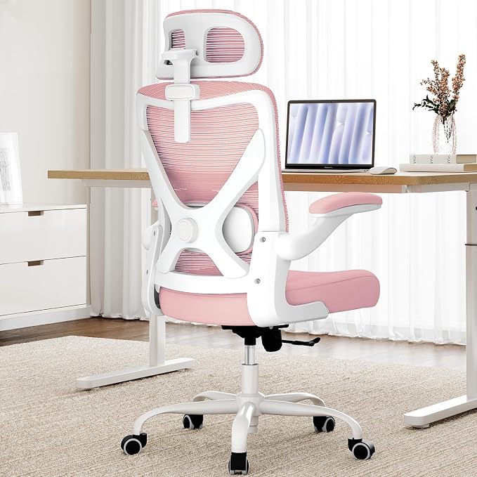 Ergonomic Office Chair: Mesh Desk Chair Comfy with Headrest& Lumbar Support | Ergalithic Big and Tall Office Chairs with Wheels & Flip-Up Arms-Computer Gaming Chairs for Adults Home Office Chairs(Pink)