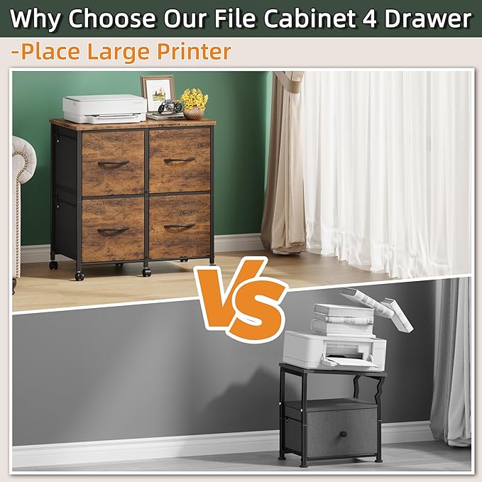 4 Drawer Lateral File Cabinet, Mobile Filing Cabinet Printer Stand | For Large Printer, Sturdy Metal Frame & Wood Top, Holds 50 Lbs, Fits Letter/A4 Size (No Legal), Fabric Drawer, Rustic Brown