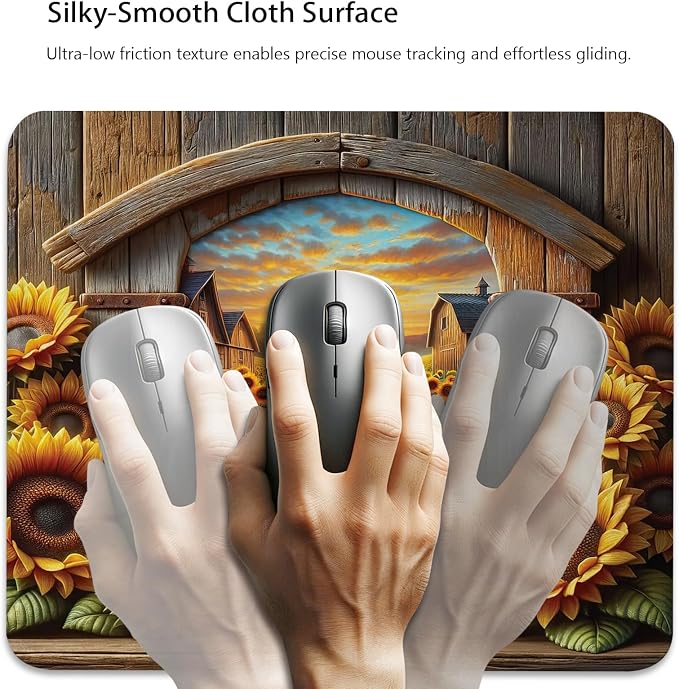 Rustic Farm Sunset with Rooster Mouse Pad, Blooming Sunflowers Desk Mat | Cute Mousepad Stitched, Anti-Slip Base Smooth Surface, 9.5 x 7.9 Inches