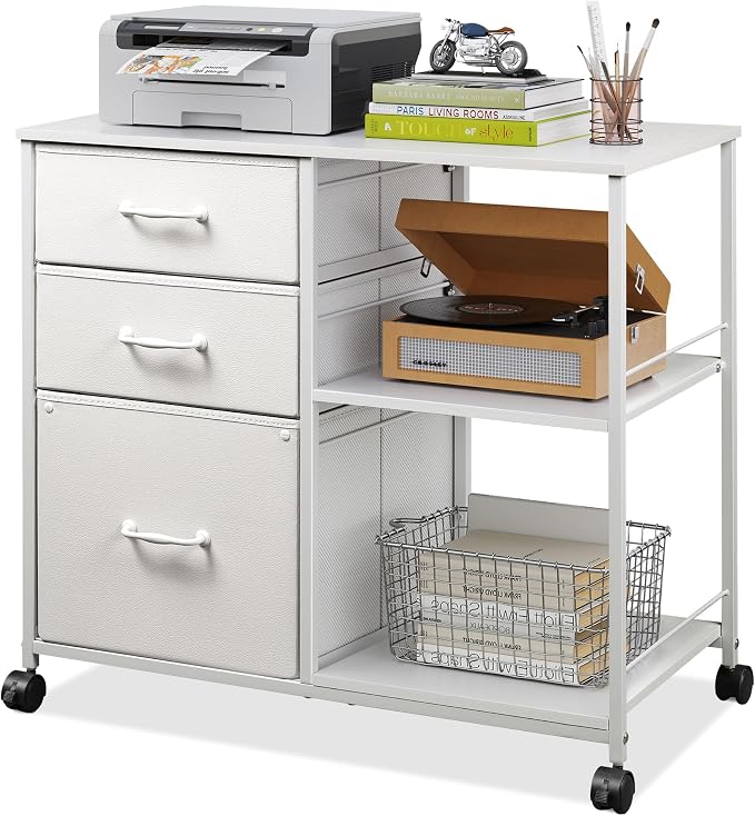 DEVAISE 3 Drawer Mobile File Cabinet with Open Storage Shelf | Rolling Printer Stand, Fabric Lateral Filing Cabinet fits A4 or Letter Size for Home Office, White With Texture