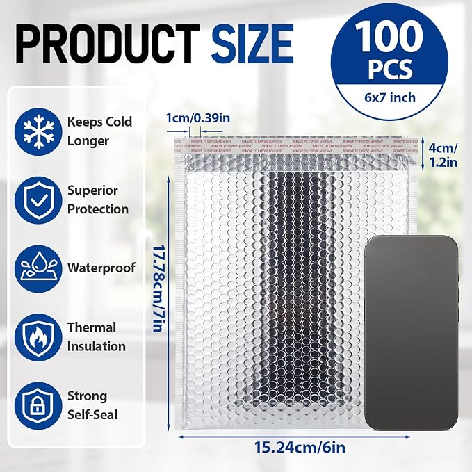 100 Pack 6 x 7 Inch Insulated Bubble Mailers, Silver | Self Adhesive Closure, Foil Lined Interior, Padded Cushioning, Waterproof, Cold Delivery Packing, for Food and Cosmetics