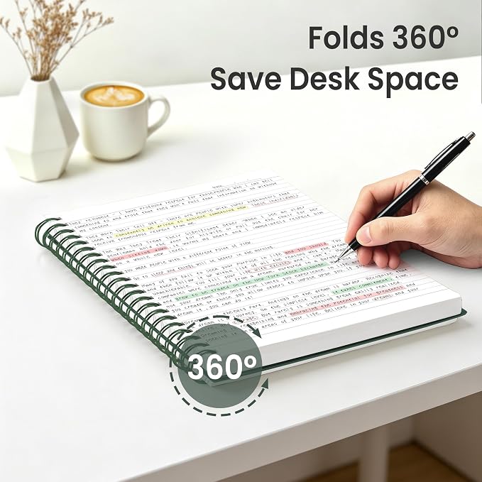 EMSHOI Lined Spiral Journal Notebook, 300 Pages, B5 Size (7.4'' x 10.1'') | College Ruled, 100 GSM Thick Paper, Flexible Plastic Cover, for School, Writing, Work, Office & Journaling (Deep Green)