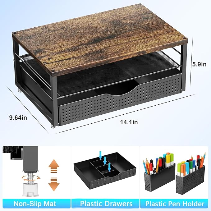 gianotter Desk Organizers and Accessories, Monitor Stand with Drawer and 2 Pen Holder, Desktop Organizer Suitable for Offices and Dormitories (Wood-Plain)