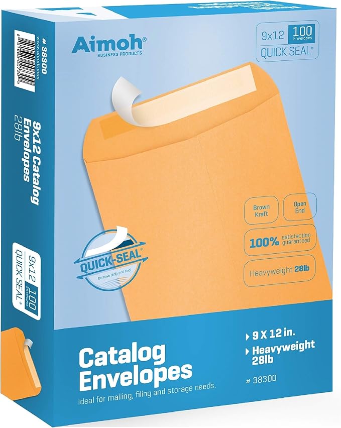 Aimoh 9 X 12 Self-Seal Brown Kraft Catalog Mailing Envelopes - 28lb - 100 Count, 9x12 Inch (38300)
