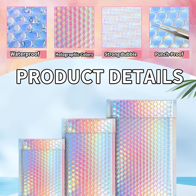50 Pcs Metallic Bubble Mailers, Holographic Bubble Mailers, Poly Padded Envelopes, Adhesive Shipping Bags, Waterproof Self Sealing Cushion Envelopes for Mailing, Packing, Small Business