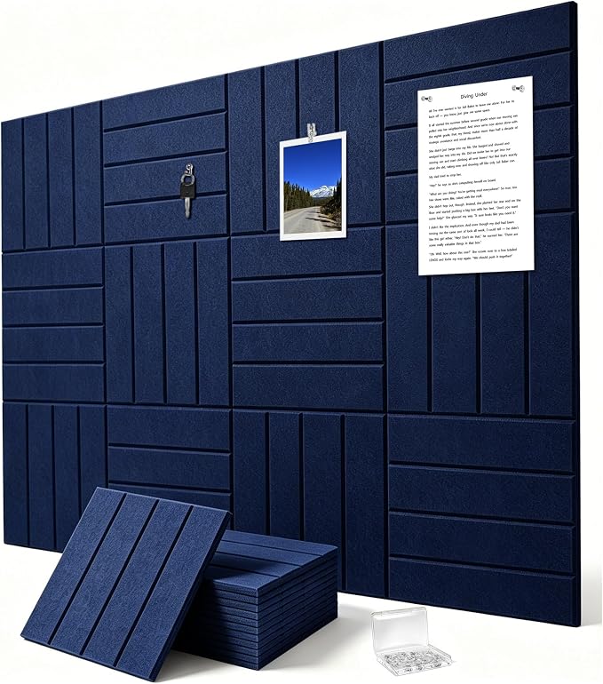 0.47" Thick Felt Wall Tiles 48"x36" Cork Board Alternative 12 Pack 11.81"x11.81"Felt Bulletin Board Pin Board with Removable Adhesive Tape&60 Pushpins for Home Office School(Bold-Dark Blue)