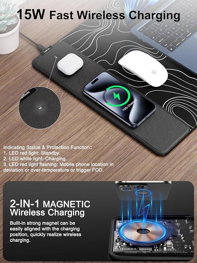 TopMade Mouse Pad with 15W Fast Wireless Charging, 31.5"x15.75" XXL Large Gaming Waterproof Desk Pad, Computer Desk Mat, Black Topographic Map #2 (Includes 20W PD Power Adapter & 6.56ft Woven Cable)