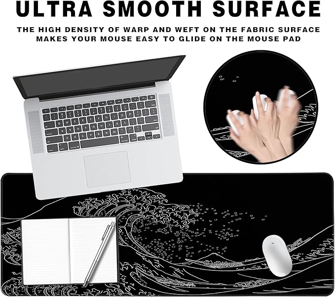 Long Gaming Mouse Pad Extended Anime Large Desk Pad with Non-Slip Base Full Keyboard Mat with Stitched Edges for Gaming and Office 31.5 x 11.8 inches (Black Wave)