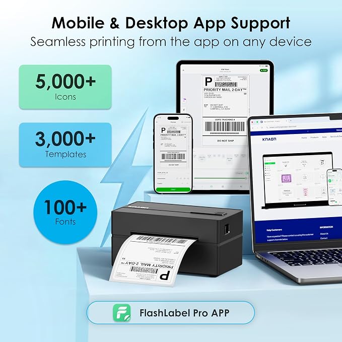 KNAON Bluetooth Thermal Shipping Label Printer 4x6 for Small Business,Black | High-Speed Thermal Label Printer, Perfect for Home, Office & Small Biz, Ideal for Etsy, Shopify, USPS,Includes 10 Test Sheets