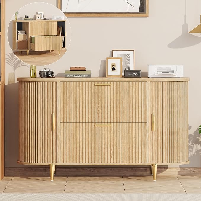 SEDETA Fluted 2 Drawer File Cabinet with 2 Sliding Door for Home Office | 39.4" Filing Cabinet for Home Office,fit Legal/Letter/A4 Siz,Modern File Cabinet with 2 Drawers,Printer Stand,Natural