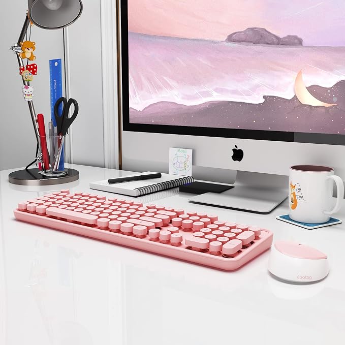 Wireless Keyboard and Mouse Combo, 2.4G Typewriter, Pink | Retro Full Size Computer Keyboards, Cute Mouse, USB Dongle Plug and Play, for PC,Laptop,Desktop,Windows