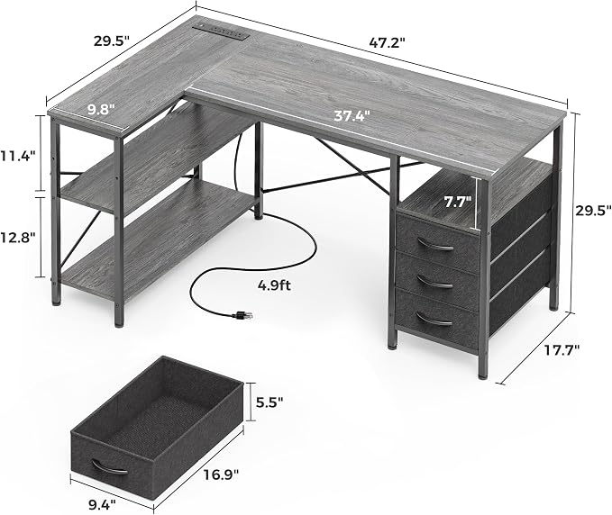 Huuger L Shaped Office Desk with Power Outlets & 3 Drawers | 47 Inch Computer Desk with Shelves, for Gaming, Corner Work, Home Office, Study, Grey