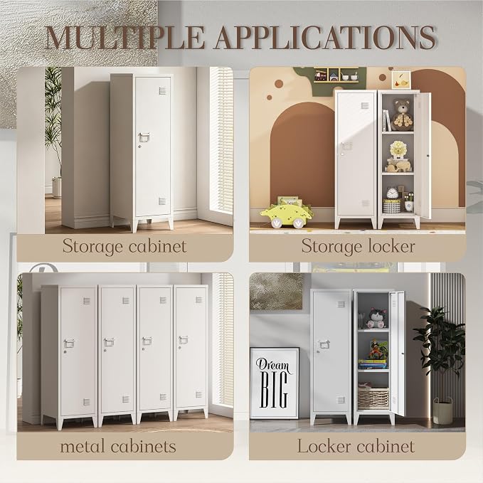Locker Cabinet, 50" White Small Metal Locker Storage Cabinet for Employees with Locking Door and 2 Shelves Kids Locker Tool File Cabinets for Office, Garage