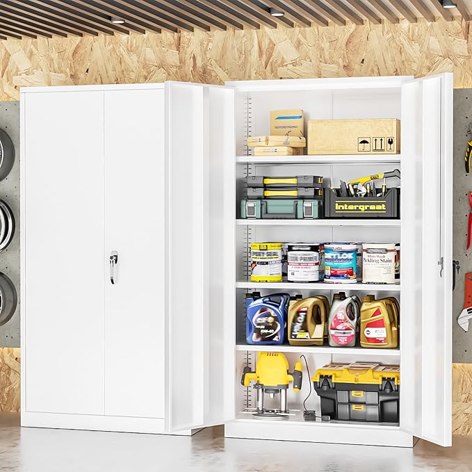 White Metal Storage Cabinet Doors, 72" Locking Steel Storage Cabinet with Shelves, Tall Metal Cabinet Lockable Steel Cabinets for Home Office, Garage
