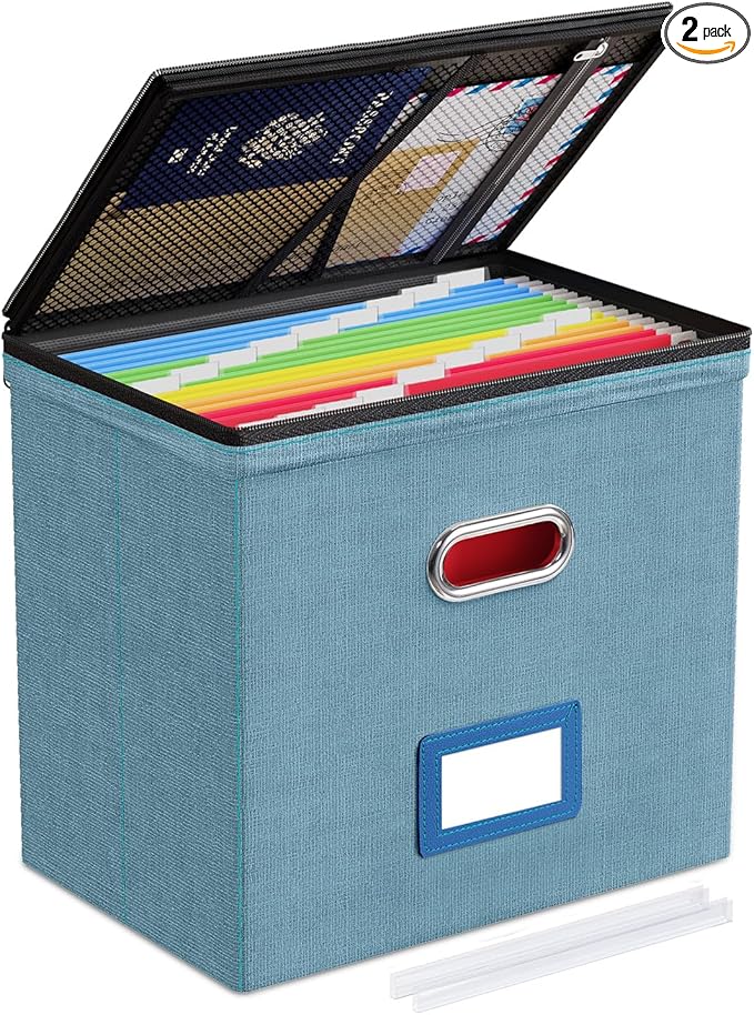 Oterri 1 Pack File Organizer Boxes with Lids, File Box with Mesh Pockets, Document Organizer Box for Letter Size Folders, Zippers Important Document Organizer (Denim, Without Folders)
