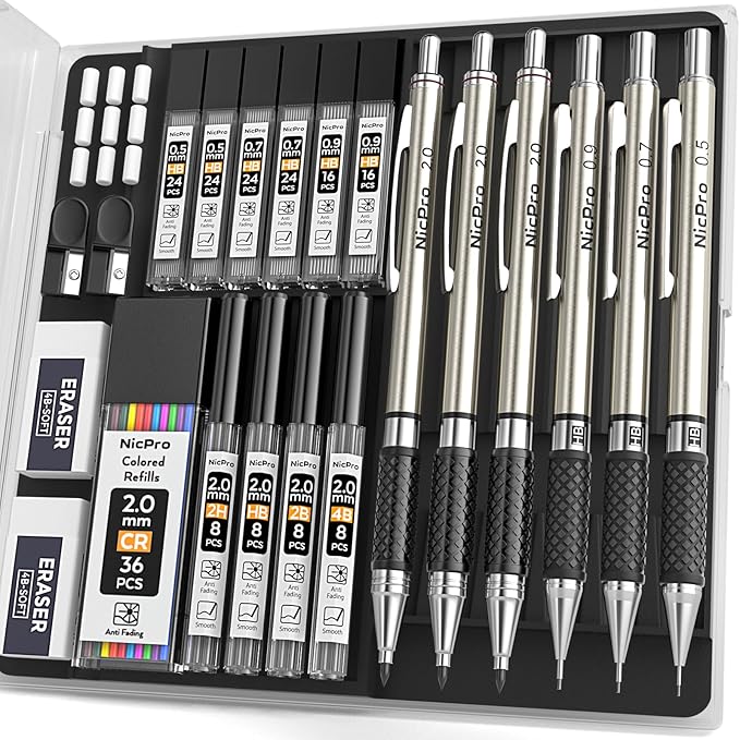 Nicpro 6PCS Art Mechanical Pencil Set, 3PCS Metal Drawing Pencil 0.5 mm & 0.7 mm & 0.9 mm & 3PCS 2mm Graphite Lead Pencil (4B 2B HB 2H) For Student Artist Writing, Sketching Drafting