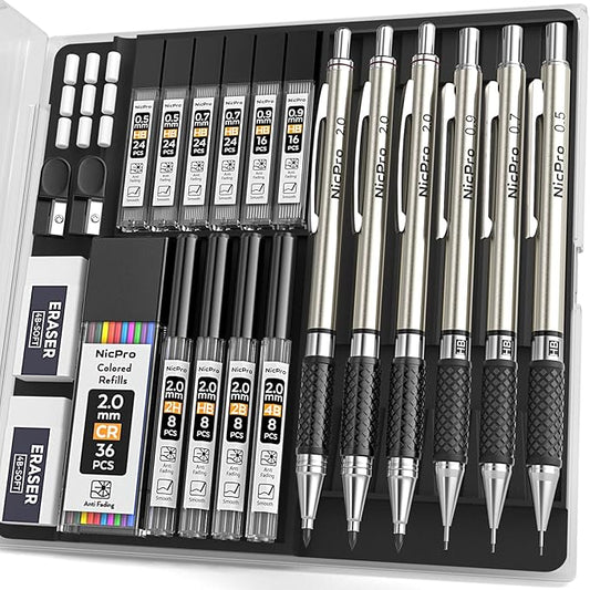 Nicpro 6PCS Art Mechanical Pencil Set, 3PCS Metal Drawing Pencil 0.5 mm & 0.7 mm & 0.9 mm & 3PCS 2mm Graphite Lead Pencil (4B 2B HB 2H) For Student Artist Writing, Sketching Drafting