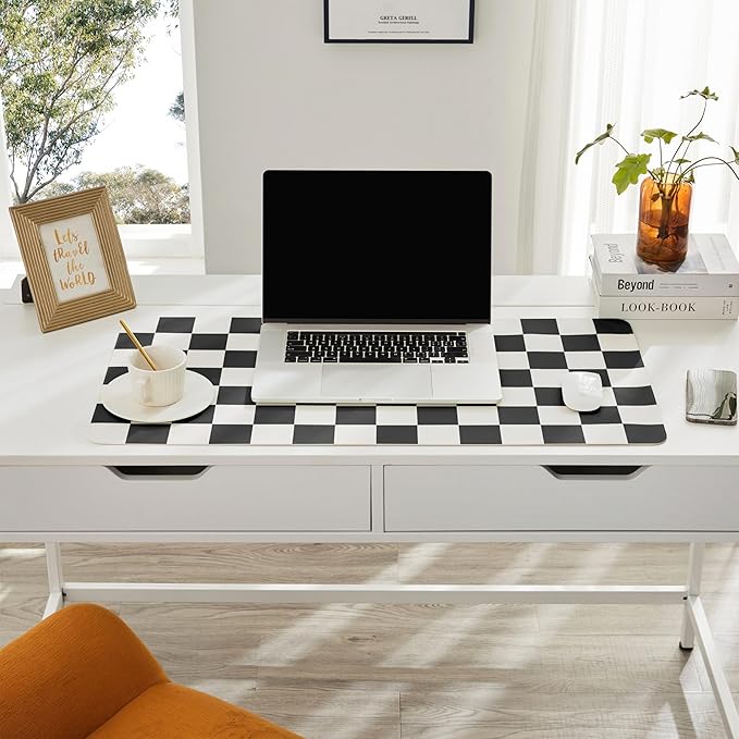 Checkered Desk Mat, Large Cute Aesthetic Retro PU Leather Computer Laptop Desk Mat, Non-Slip Waterproof Mouse Keyboard Pad, Desk Writing Mat for Work/Home (Black, 23.6" x 13.7")