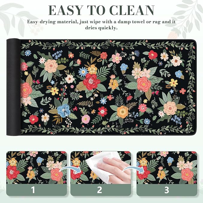 iCasso Desk Mat for Keyboard and Mouse,Cute Mouse Pad,Black Floral | Anti-Slip Desk Matt for Desktop,Soft Lycra Surface Computer Mat Women,Girly Big Mousepad for Home Office